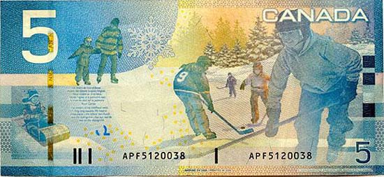 A Canadian banknote for five dollars