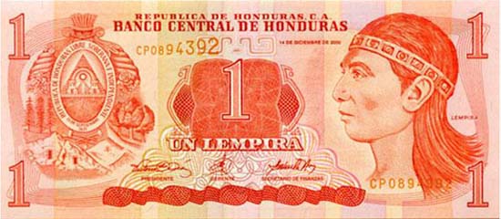 A one lempira note from Honduras