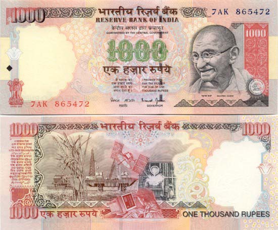 Indian 1000 Rupee note bearing the image of the nation's father, Mohandas K. Gandhi